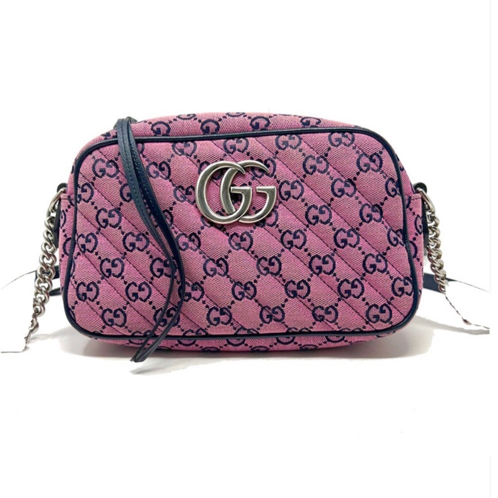 Gucci Marmont Small Camera Diagonal Quilted Pink Fabric GG Canvas Shoulder Bag